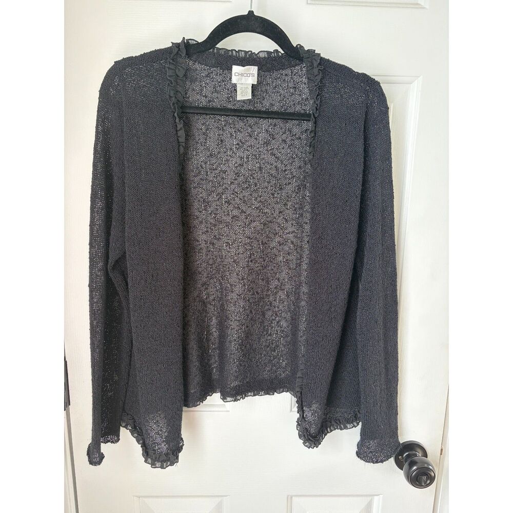 Chico's Black Ruffle Knit Cardigan Holiday Fall Sweater Size 2 Large
